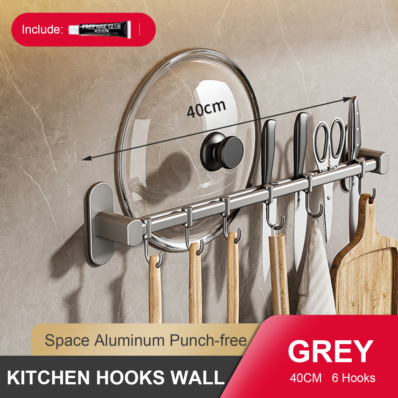 Wall Mounted Kitchen Hook Rack, No-Punching Wall Hangers, Rail Kitchen Utensils Rack, Spoon Shovel, Chopping Board