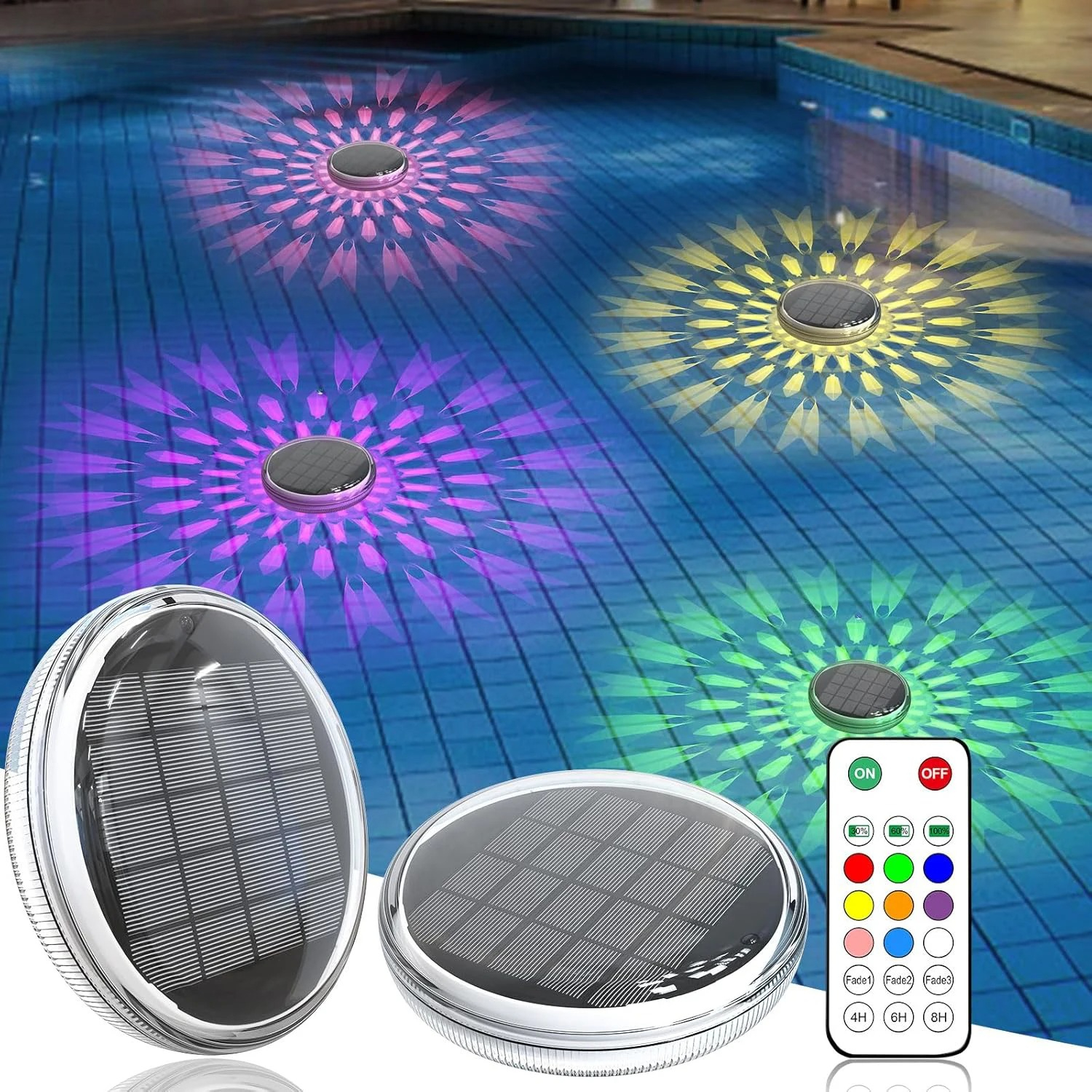 Rechargeable Solar Swimming Pool Lights with Remote, 9 Color LED Timer, Waterproof Atmosphere Lantern