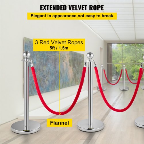 Retractable Crowd Control Barrier, 38 Inch Stainless Steel Stanchion Posts with Durable Red Velvet Rope (Silver)