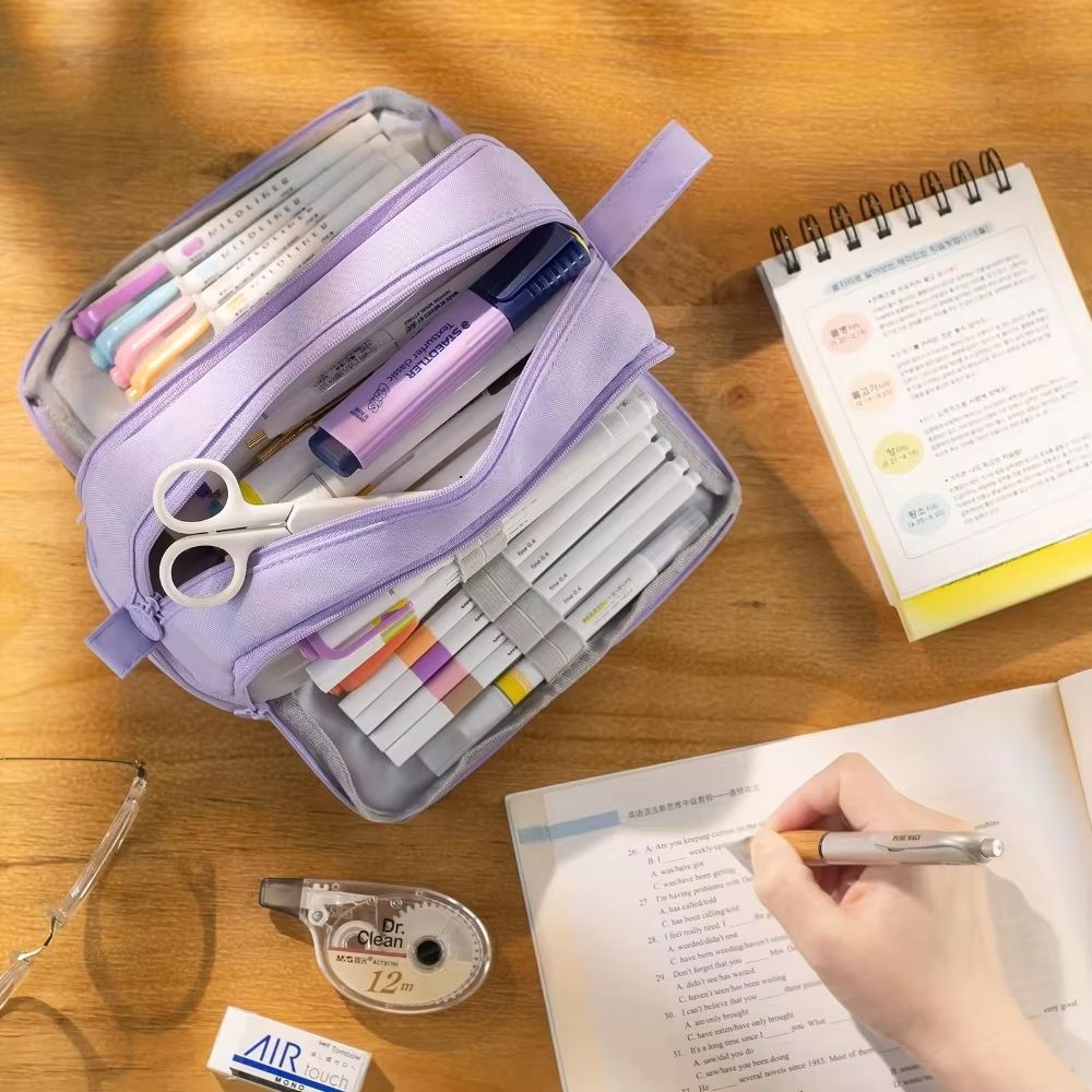 Multi-Compartment Large Capacity Pencil Case with Transparent Partition