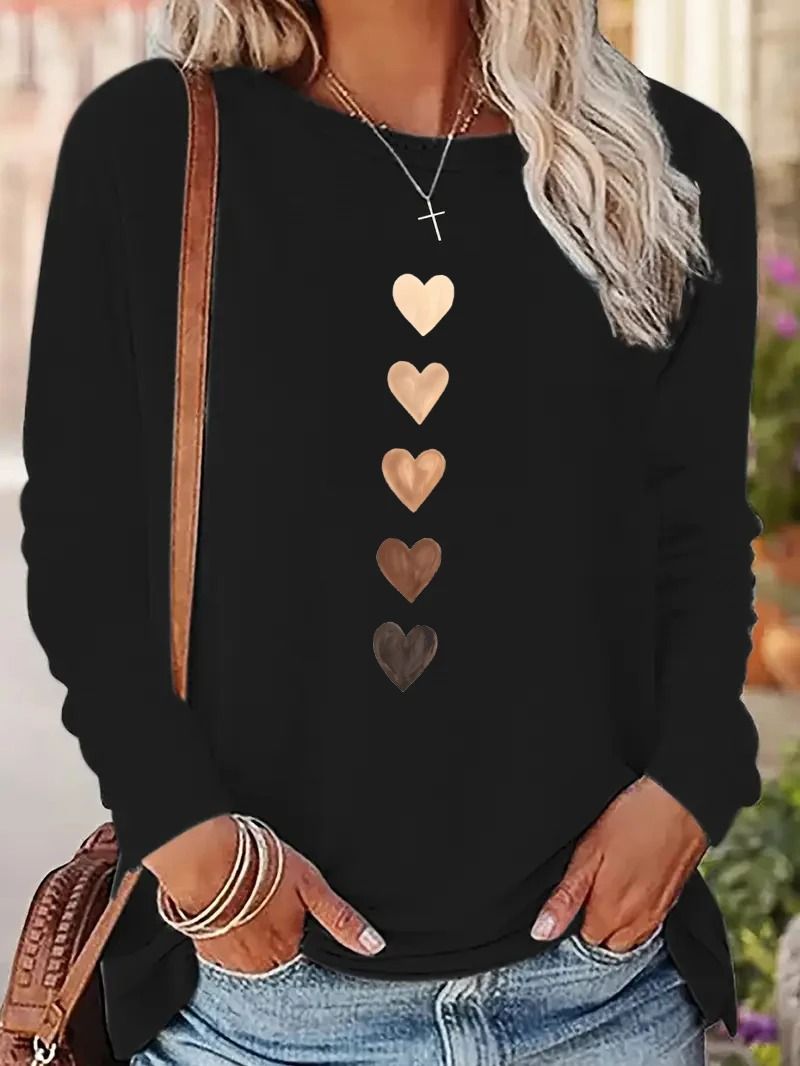 Y2K Vintage Love Heart Print Long Sleeve Shirt – Casual Crew Neck Retro Tee