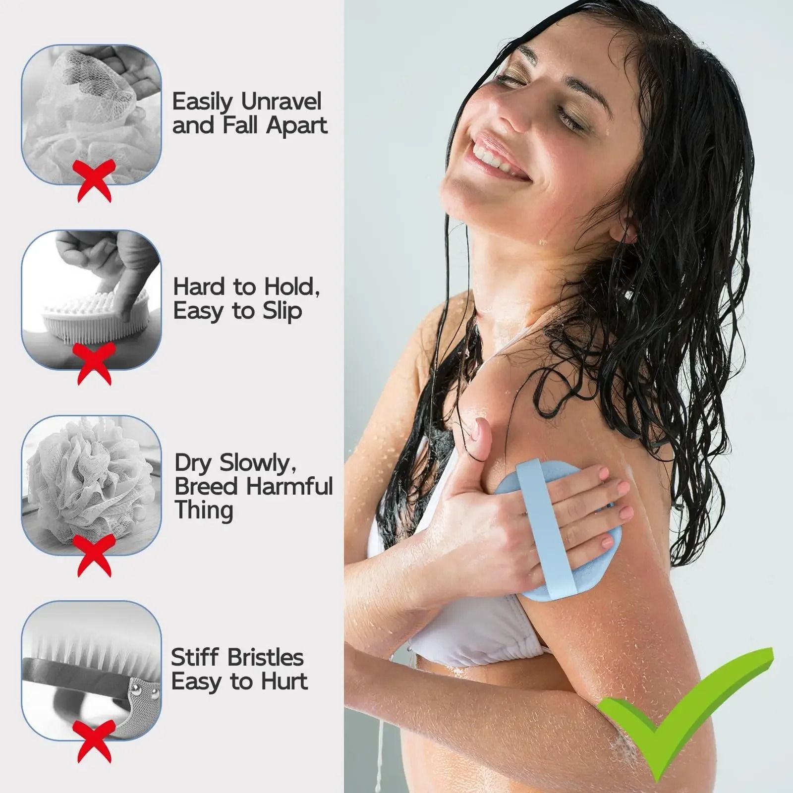 Silicone Body Scrubber Shower Brush with Non Slip Hand Strap