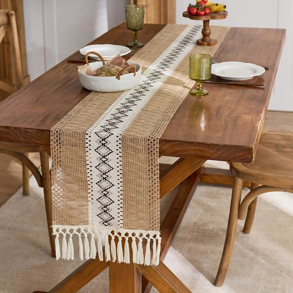 Boho Macrame Table Runner with Tassels – Rustic Burlap Farmhouse Dining Table Decor