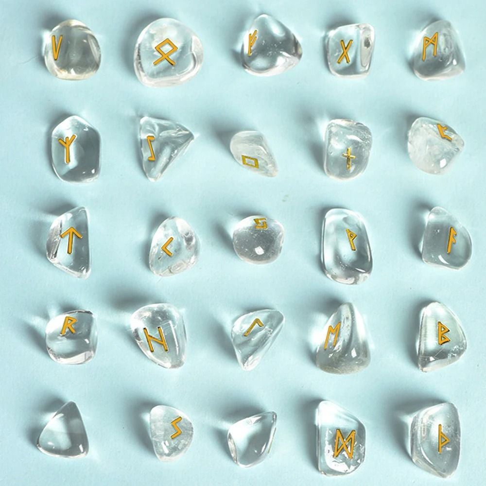 Natural Crystal Rune Stones Set 25PCS Quartz Agate Reiki Healing Witches Energy Crystal Carving
