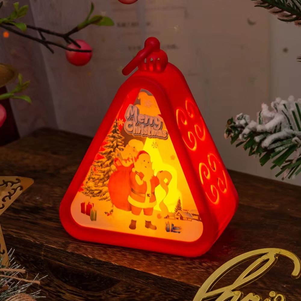 FestiveGlow LED Triangle Lantern – Santa & Snowman Christmas Table Lamp