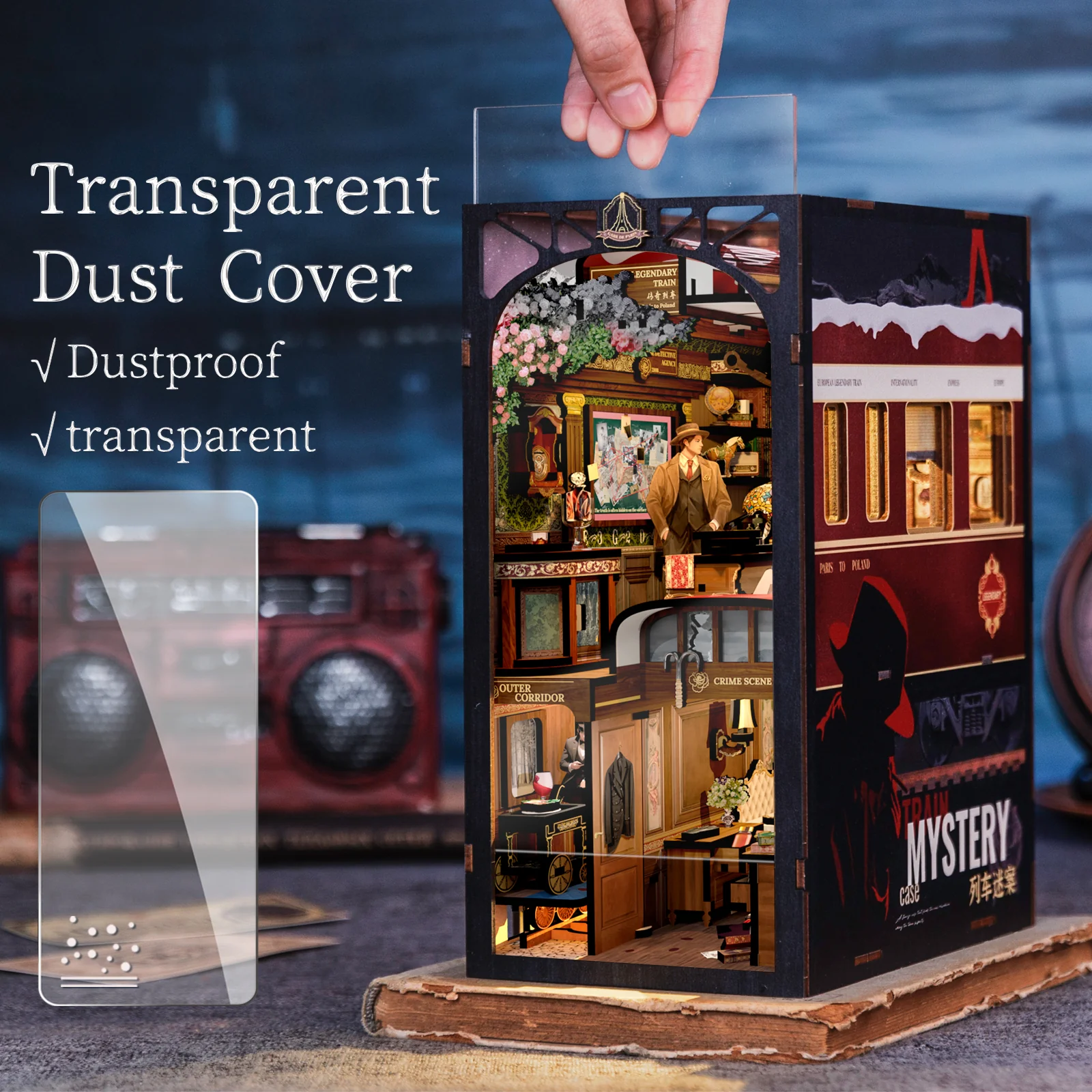 Detective Train Mystery DIY Book Nook, 3D Wooden Dollhouse Puzzle with Touch Light & Bookshelf Insert – Unique Gift Idea