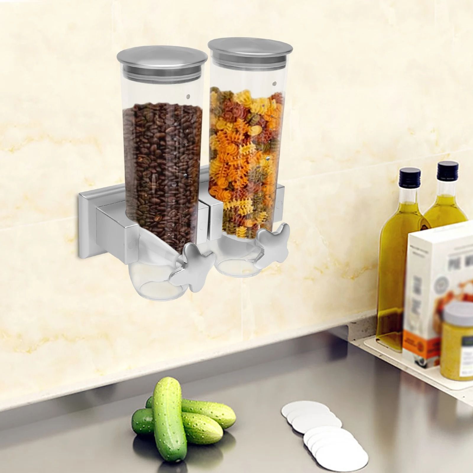 Wall-Mounted Dual-Bucket Food Dispenser with 3L Capacity and Portion Control for Grains and Rice