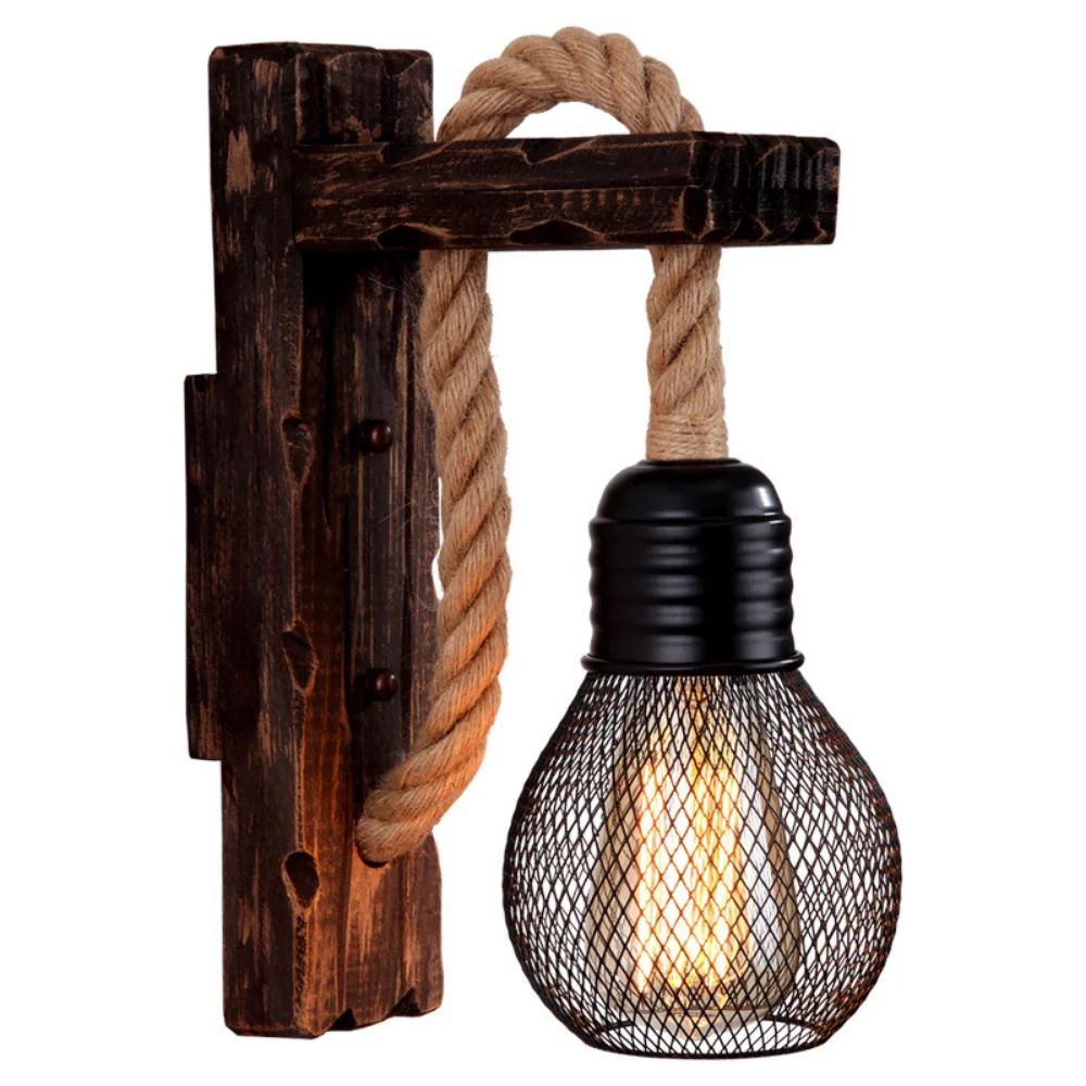 Vintage Hemp Rope Wood Wall Sconce Industrial Up-Down Light