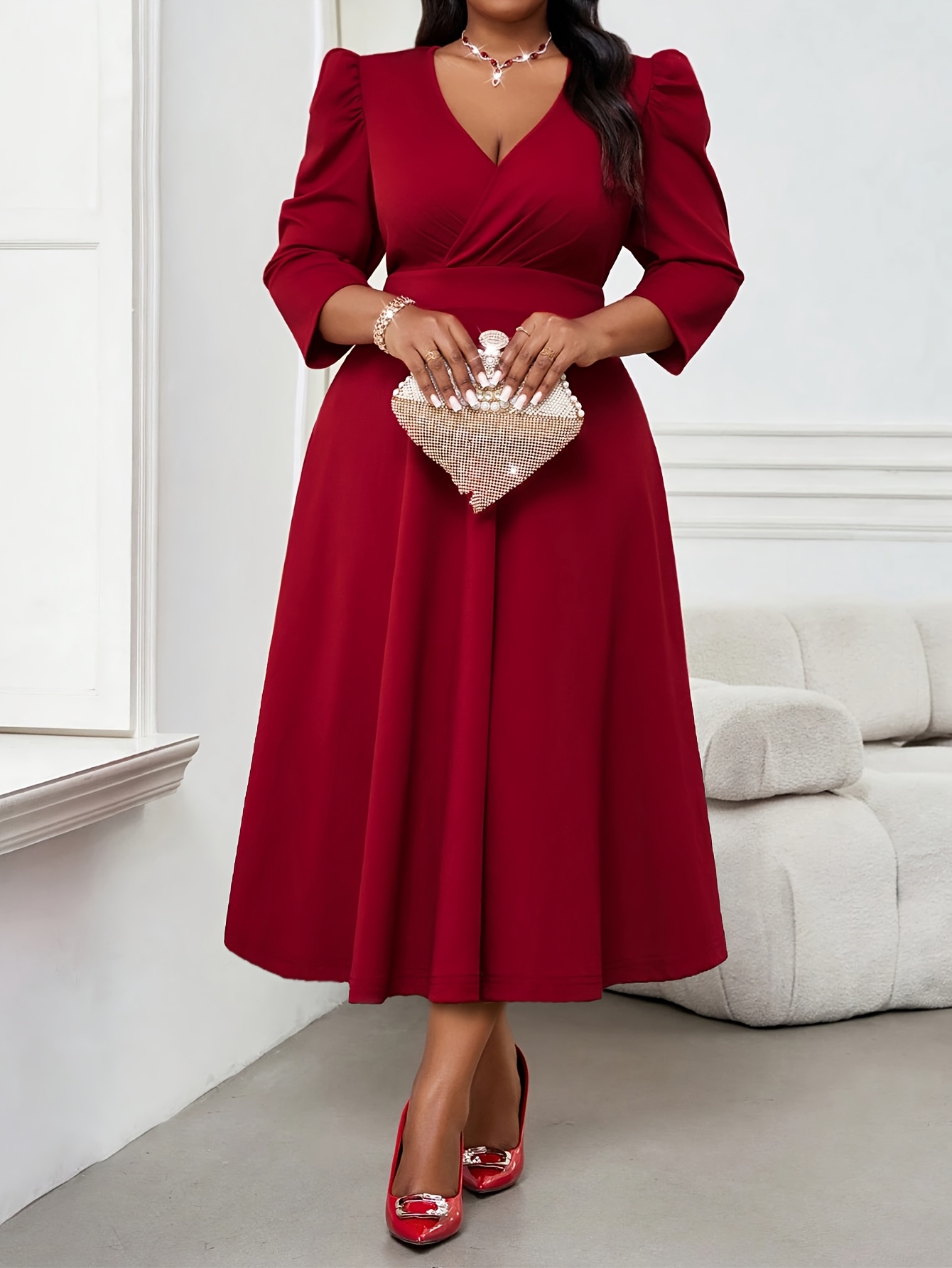 Elegant Red Dress for Large Sized Women, High End Womens Wear, Spring and Autumn Three Quarter Sleeves