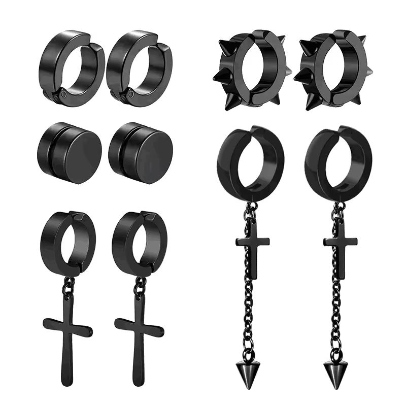 Mens Punk Cross Magnetic Earrings Set Stainless Steel Non Piercing 5 Pairs