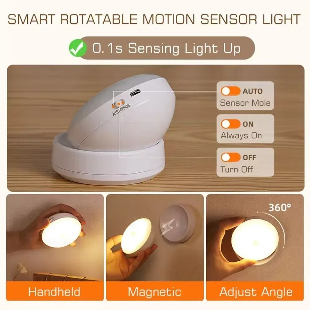 Rechargeable Motion Sensor Night Light with Magnetic Rotating Base