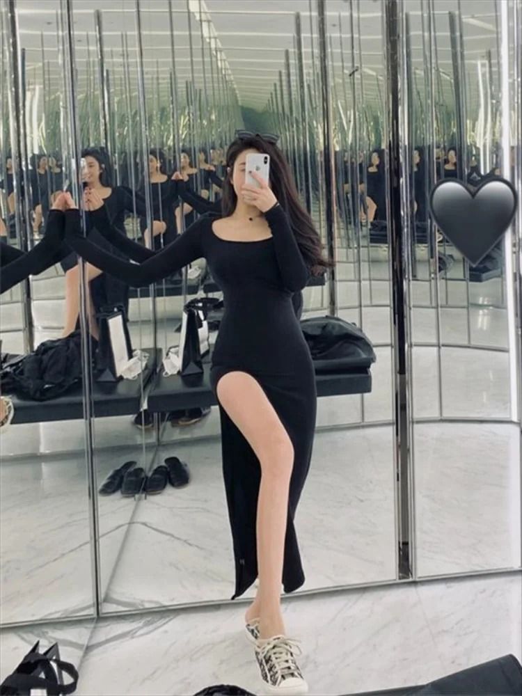Side Slit Long Sleeve Bodycon Dress for Women