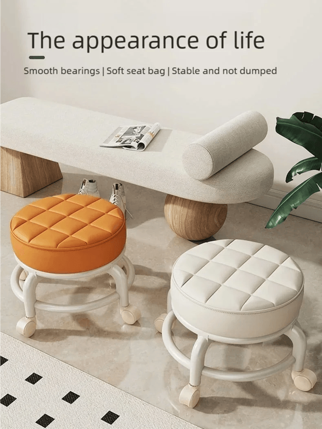 PU Leather Rolling Stool with Wheels Low Profile Padded Seat