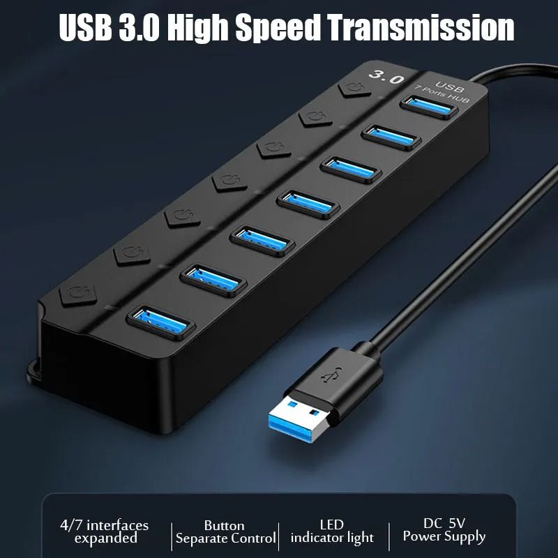7-in-1 High-Speed USB 3.0 Hub – Multi-Port Adapter with Individual Power Switches for Laptop & PC