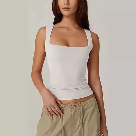 Y2K Square Neck Double-Layer Tank Top – Women's Slim Fit Sleeveless Basic Crop Camisole