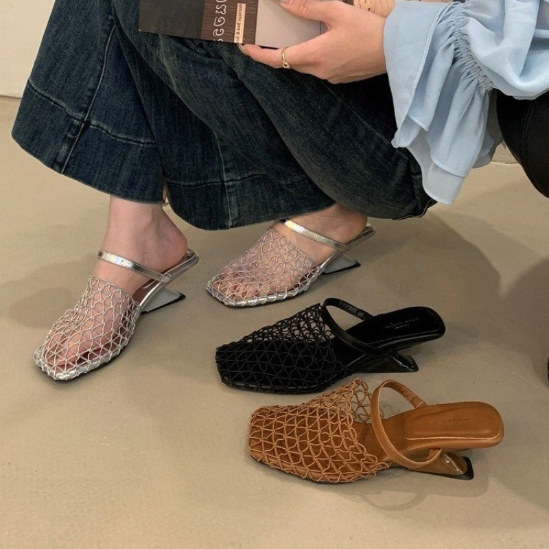 Women Mesh High Heel Sandals Square Toe Slingback Summer Pumps