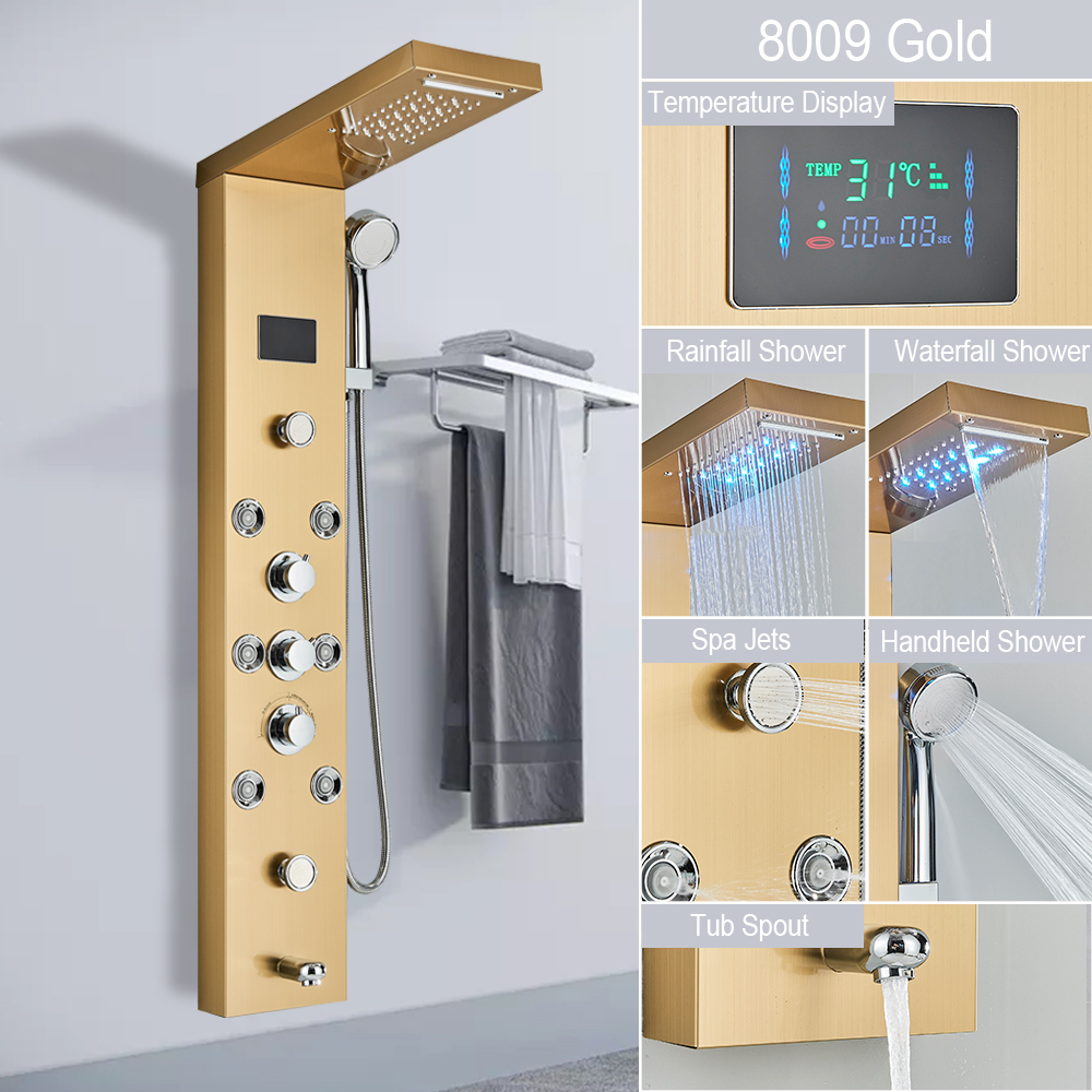 LED Light Shower Panel, Waterfall Rain Digital Display Shower Faucet Set, SPA Massage Jet Bathroom Column Mixer Tap