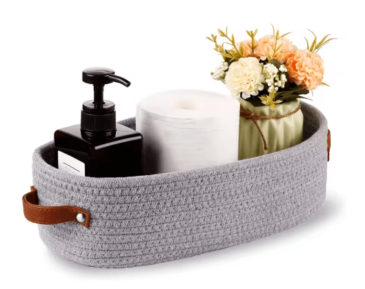 Elegant Oval Cotton Rope Storage Basket with Leather Handle Bathroom and Home Organizer