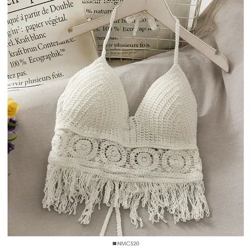 Retro Lace Halter Hollow-Out Crop Top – Tassel Beach Cami with Built-In Bra
