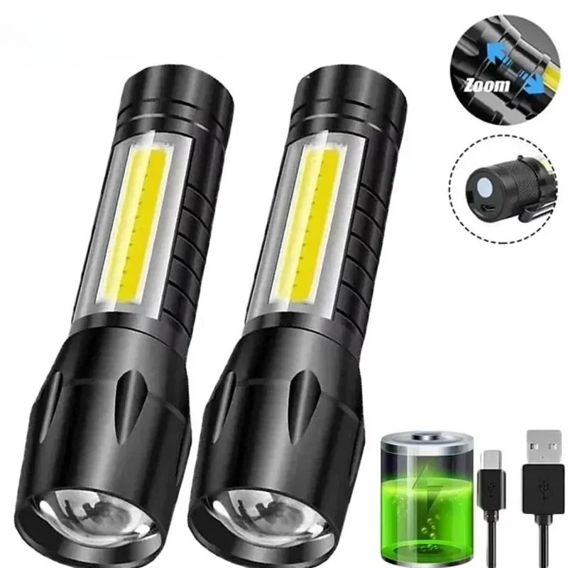 USB Rechargeable Mini COB and XPE LED Flashlight with Zoom and Pen Clip