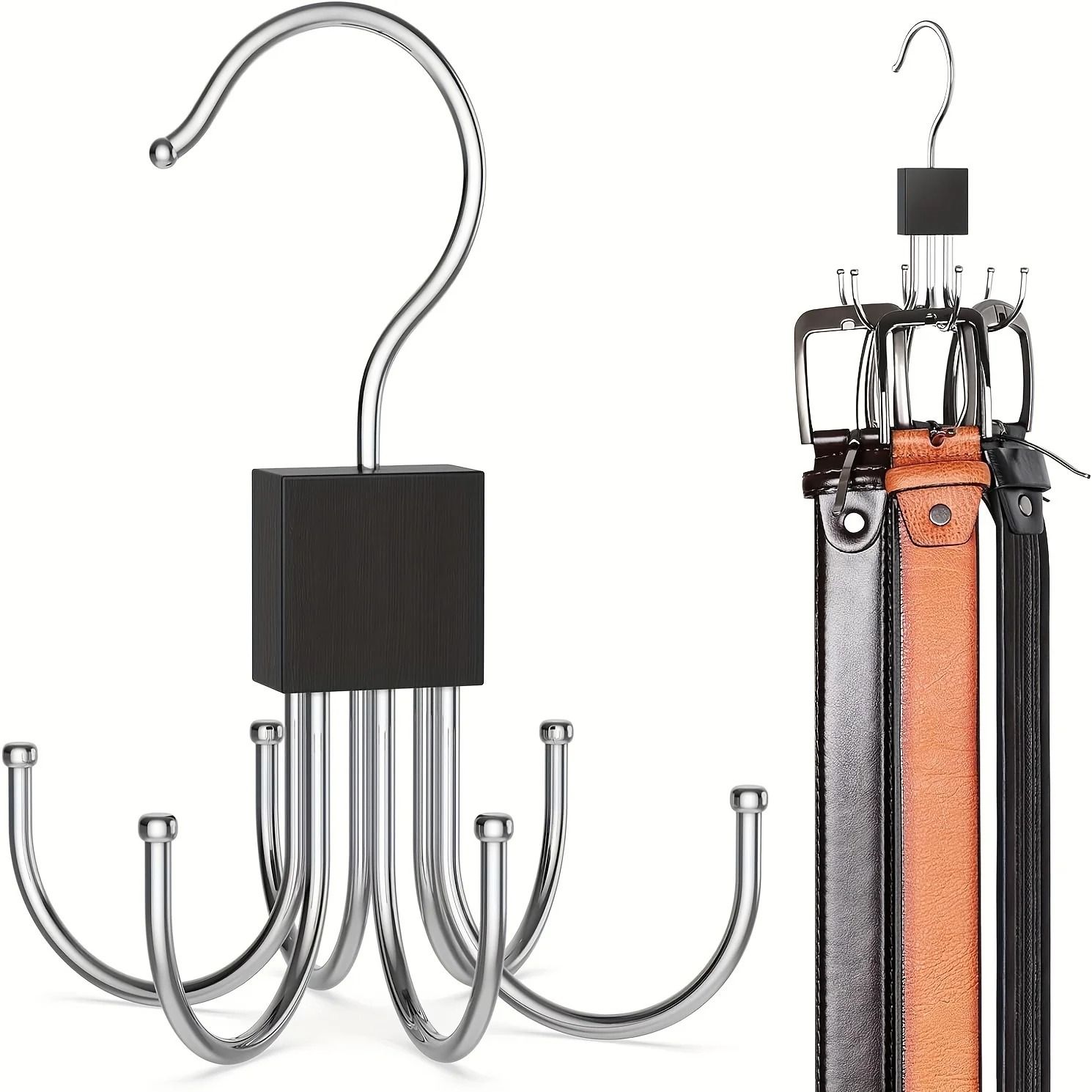 Multifunctional 360° Swivel Bag & Tie Organizer | Heavy-Duty Multi-Claw Metal Storage Hook with Durable Wood Accent