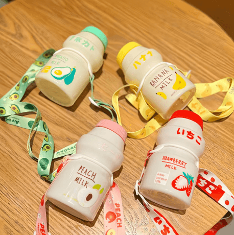 480ml Kawaii Milk Carton Water Bottle Cute Plastic Drinking Bottle with Cup and Strap