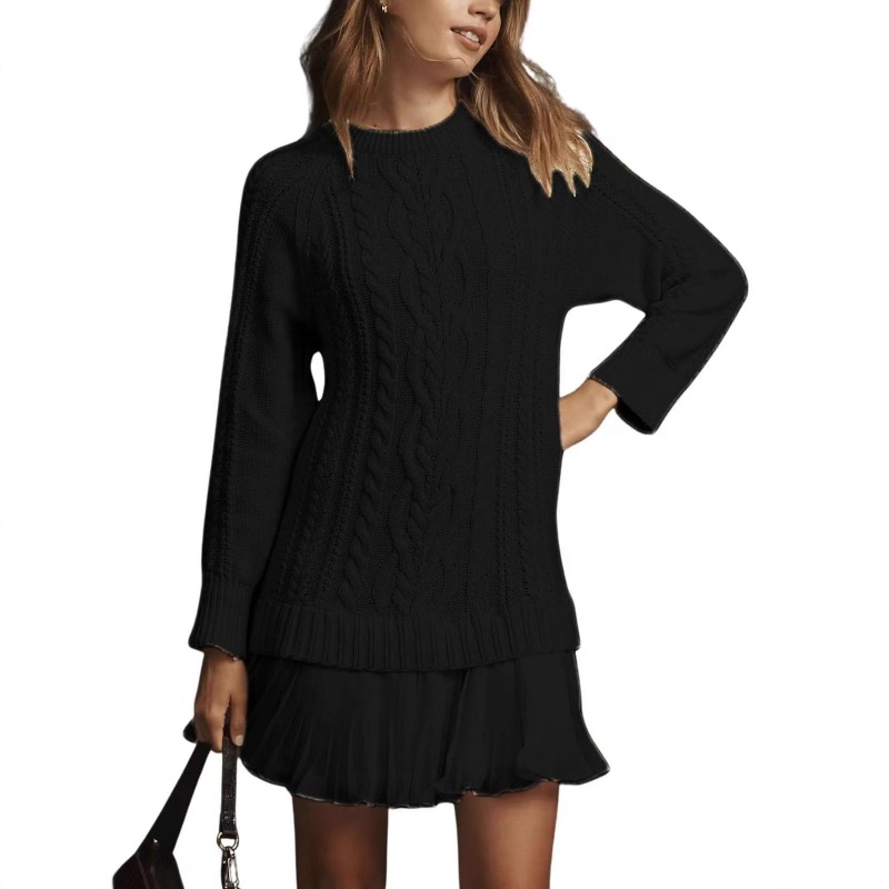 Long Sleeve Twist Knitted Sweater Dress -Ruffle Chiffon Pleated A-Line Fall Dress for Women | Warm Pullover Knit Dres