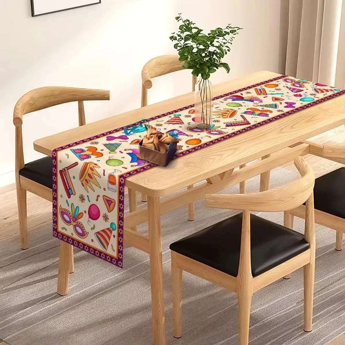 Festive Purim Celebration Mask & Crown Table Runner