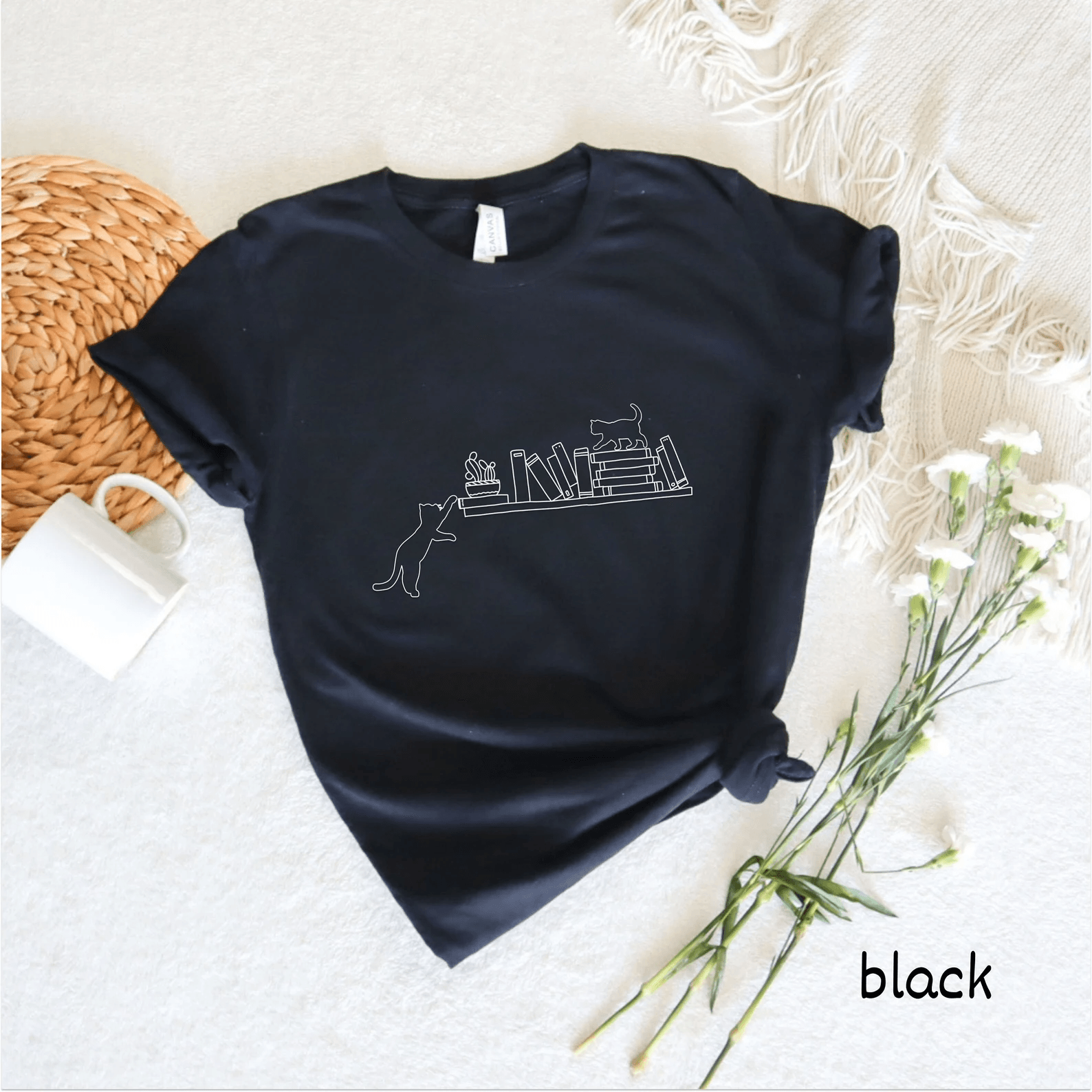Cute Cat Book Shirt for Women Book Lover Botanical Reading Tee Funny Bookish Casual Top