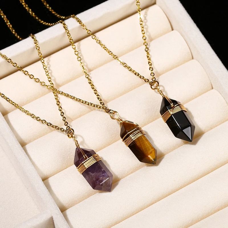 Natural Pink Quartz Amethyst Hexagon Column Pendant Necklace