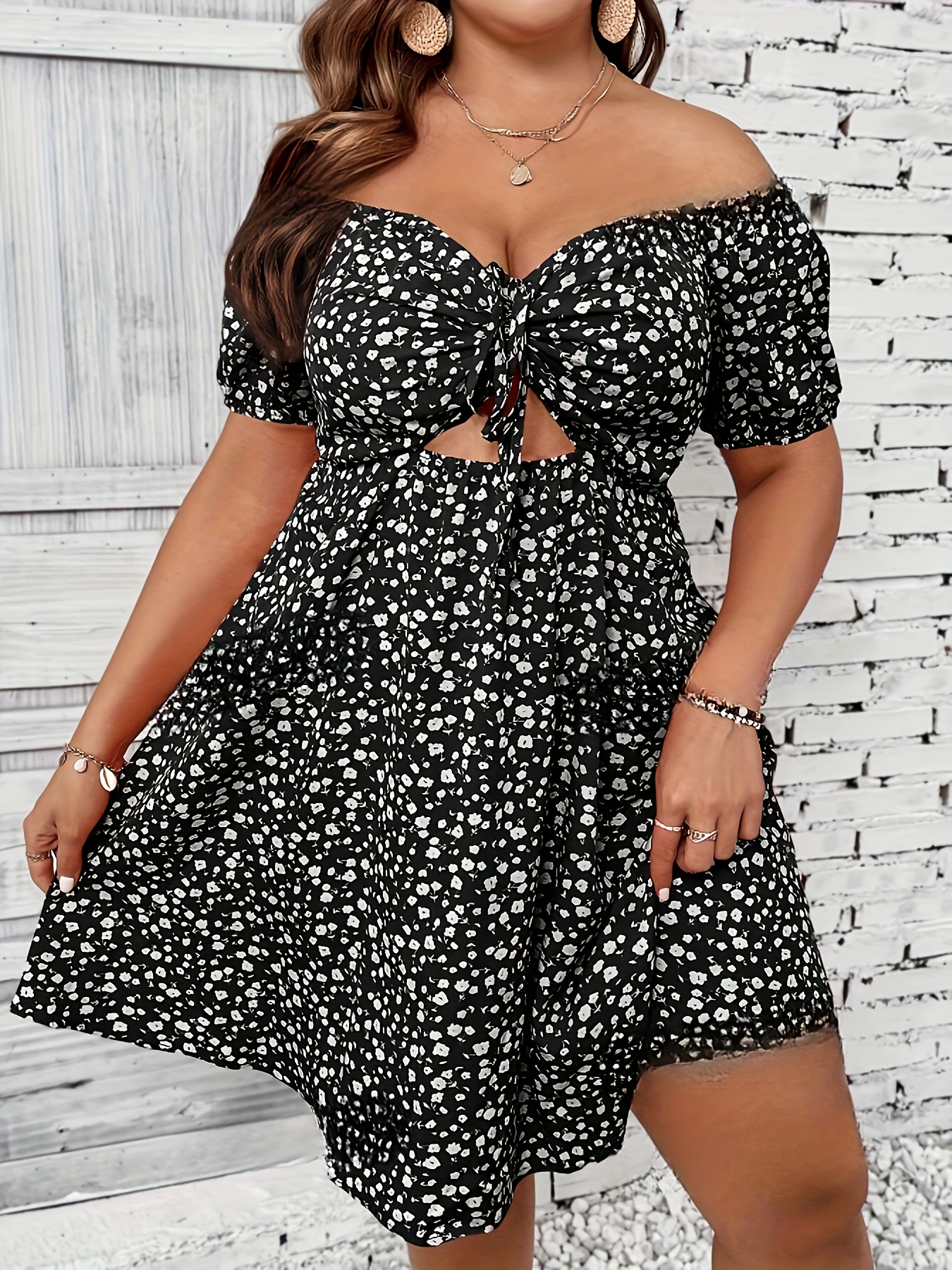Elegant Floral Print Plus Size Summer Dress, Casual Vacation Off the Shoulder Strapless Dress for Women