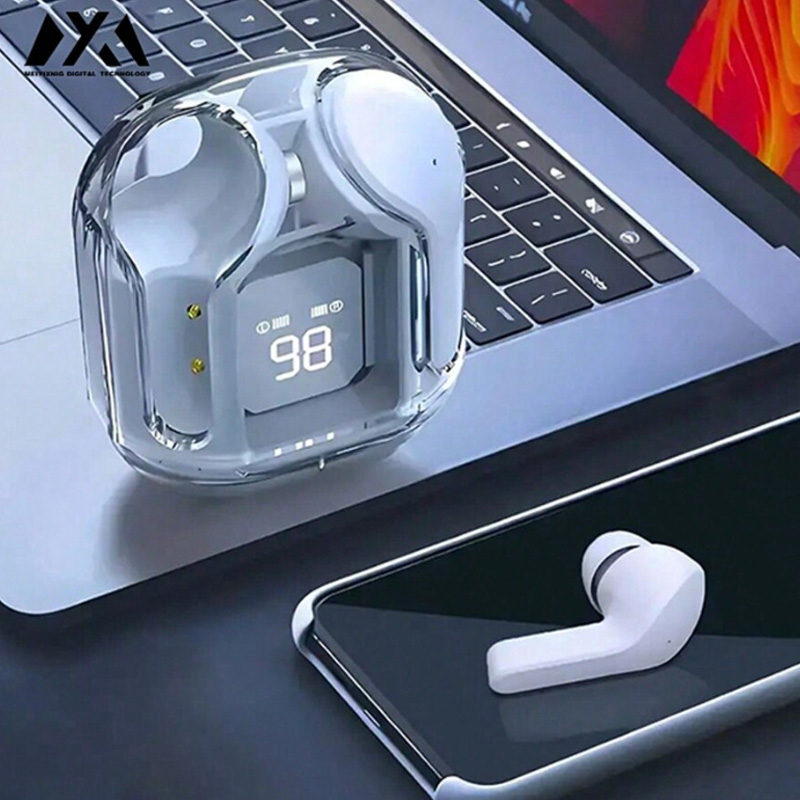Air31 Wireless Headphones LED Power Display, Crystal Earphones with Mic, 200mAh Charging Case, Stereo Audio