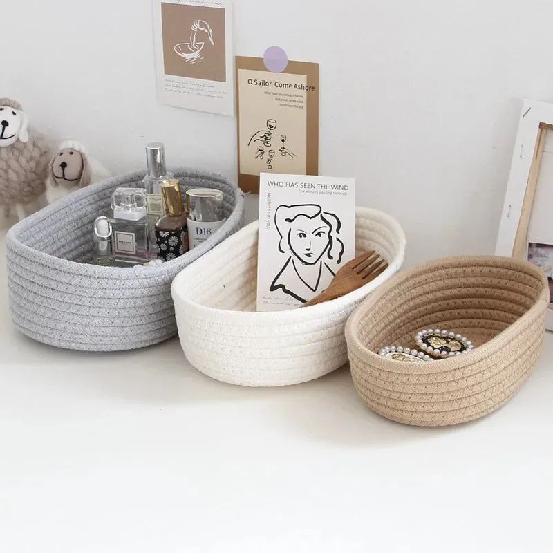Nordic Cotton Rope Woven Storage Basket – Decorative Desktop Organizer for Keys & Cosmetics