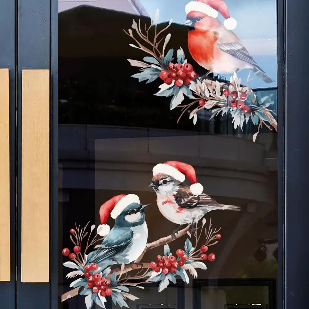 Christmas Bird and Tree Branch Window Static Stickers Set