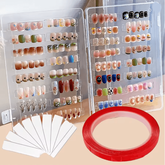 Press On Nail Storage Box Set with Display Sticks and Adhesive Tabs