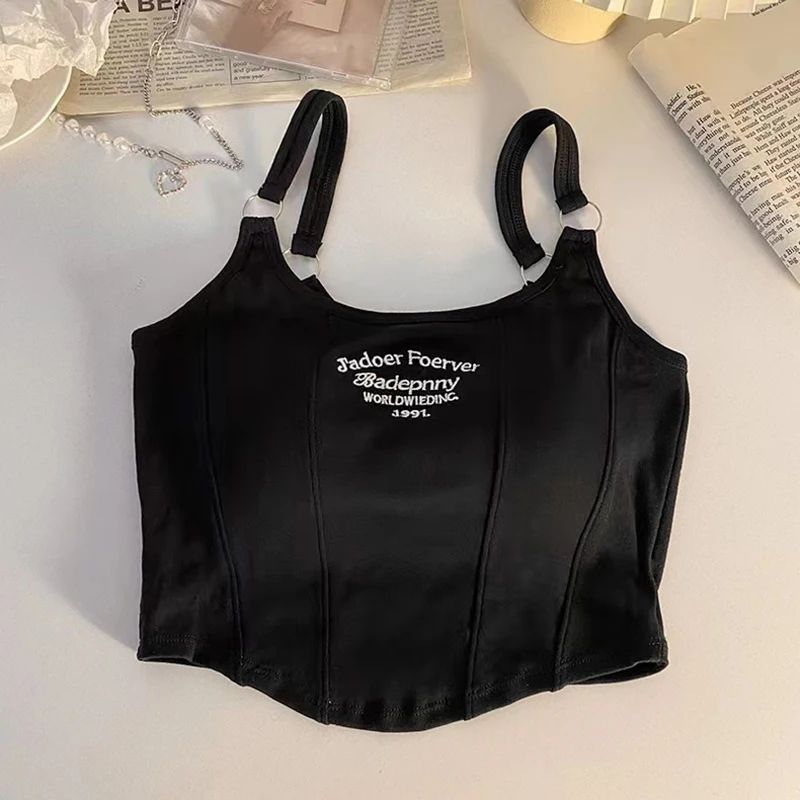 Y2K Shoulder Belt Iron Ring Crop Tank Top with Built-In Bra Pad – Embroidered Letter Slim Fit Cami
