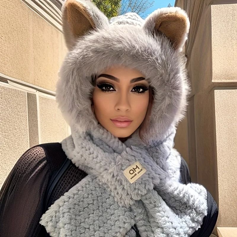 Womens Cat Ear Beanie with Pom Pom Soft Fleece Lined Winter Hat