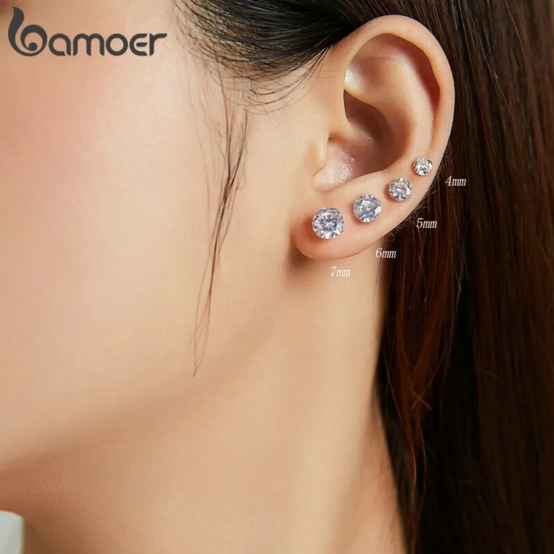 925 Sterling Silver CZ Stud Earrings: Platinum-Plated, Hypoallergenic, Round Cubic Zirconia Sizes 4mm-7mm - BSE166
