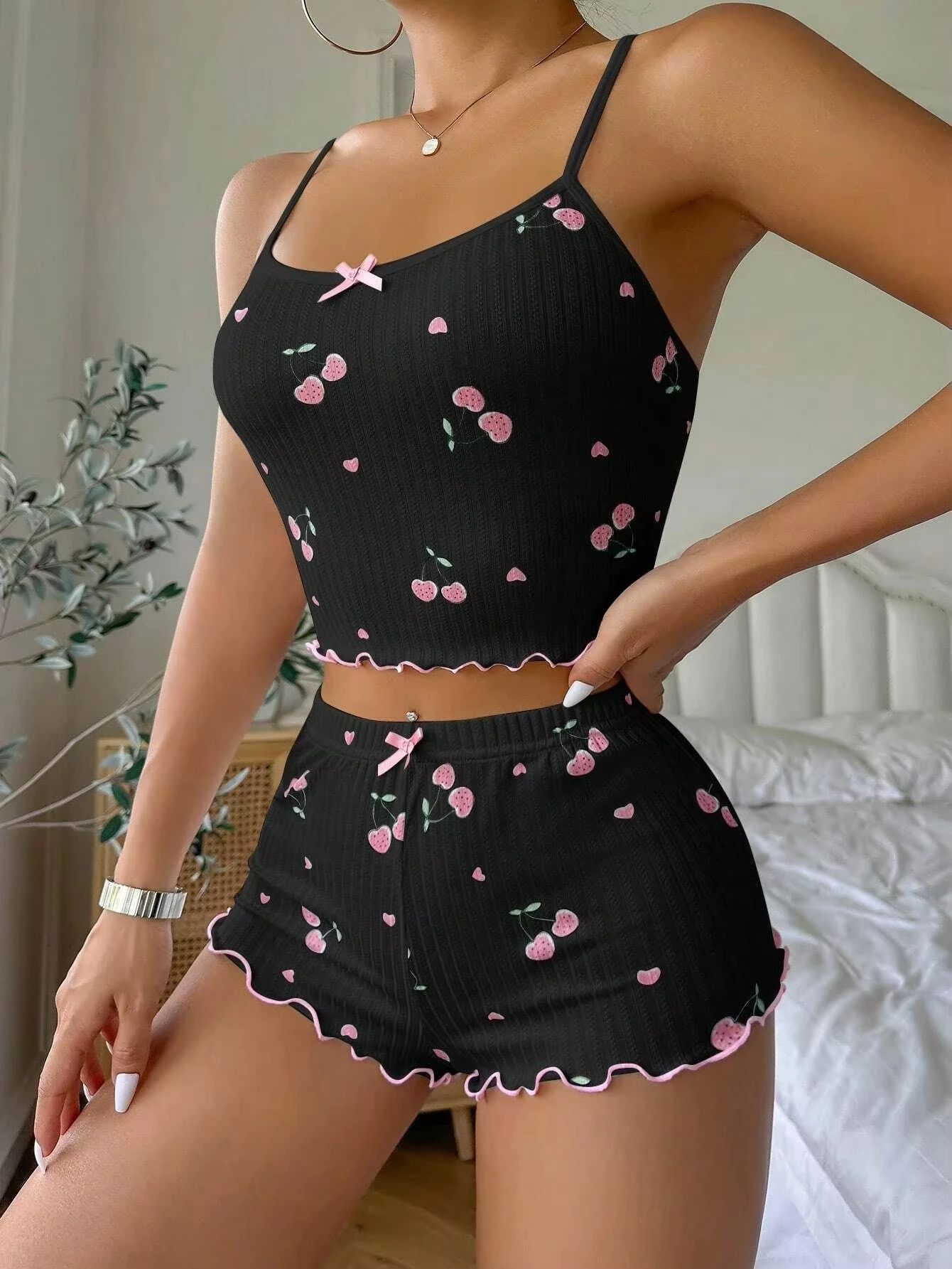 Women Summer Heart Print Ribbed Pajama Set with Backless Cami and Shorts