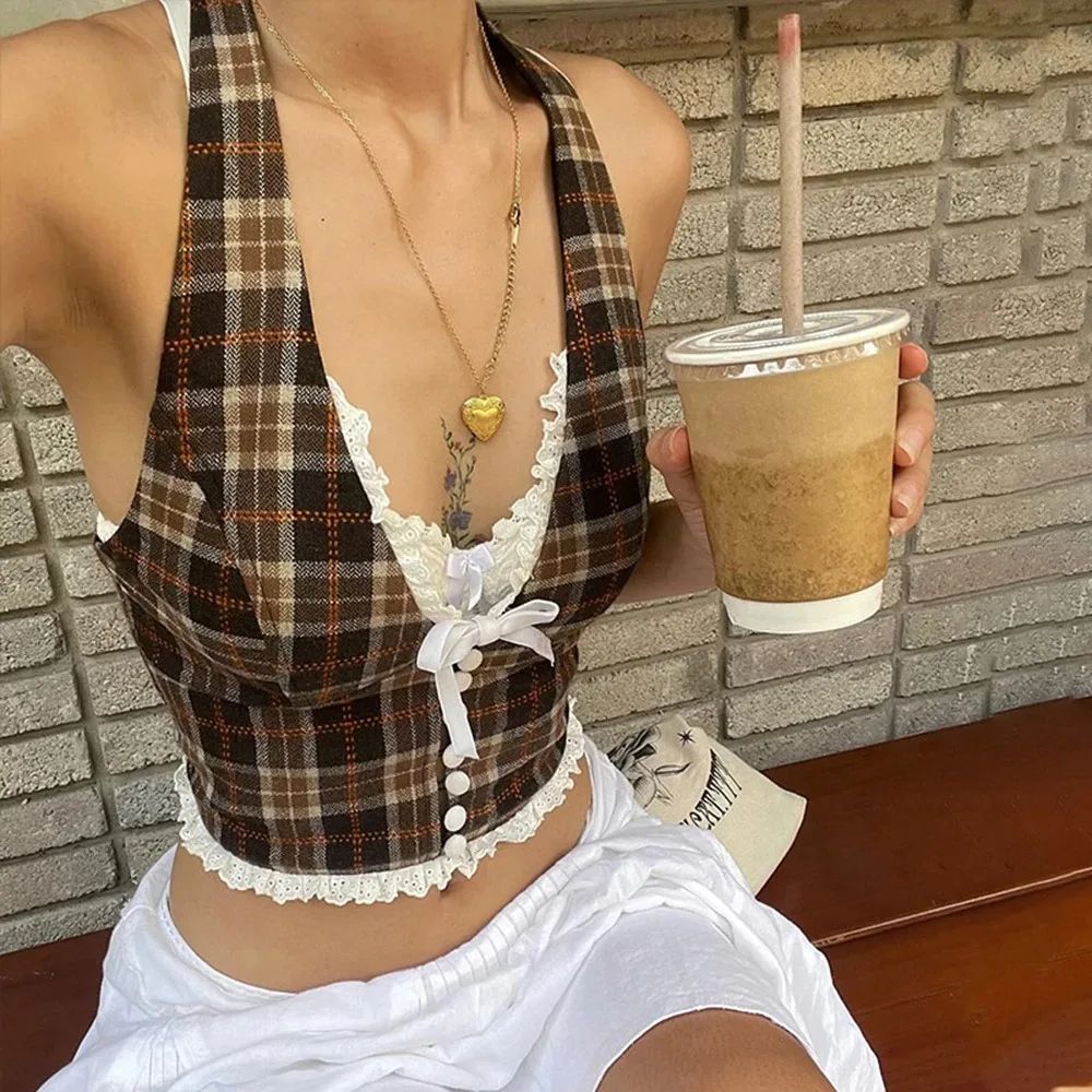 Womens Plaid Halterneck Backless Crop Top – V-Neck Lace Slim Bow Tank
