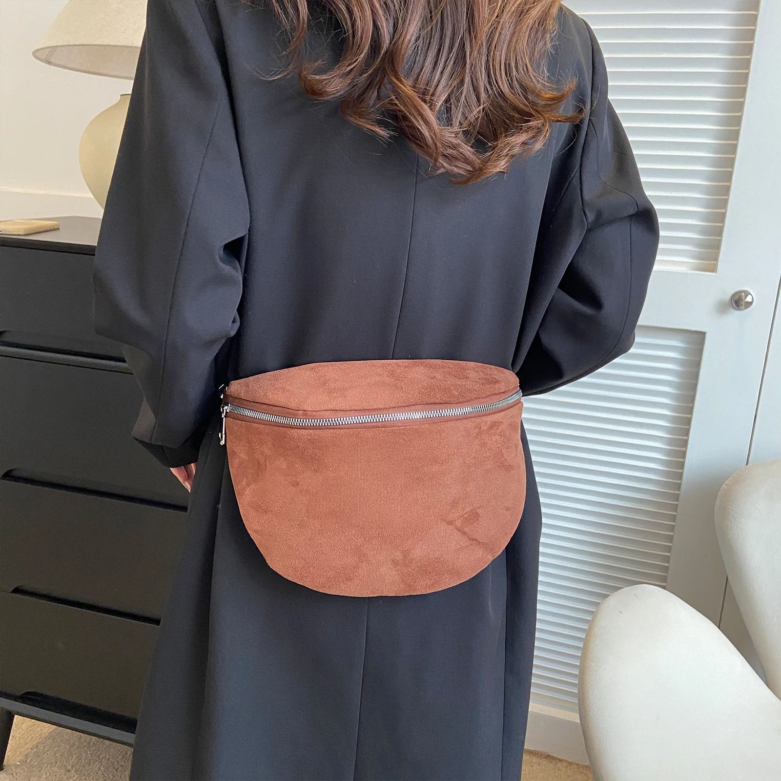 Fashion Suede Women Waist Bag Retro Half Moon Chest Bag with Wide Strap