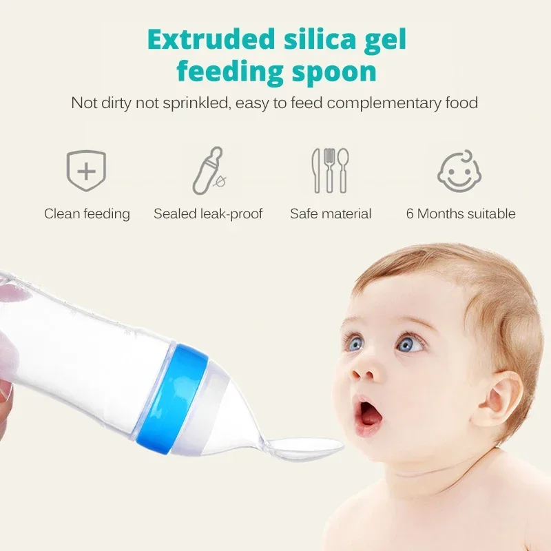 Squeeze Spoon Milk Feeding Bottle Cup, Safe Silicone Baby Bottle with Spoon, Rice Cereal Food Supplement Bottle