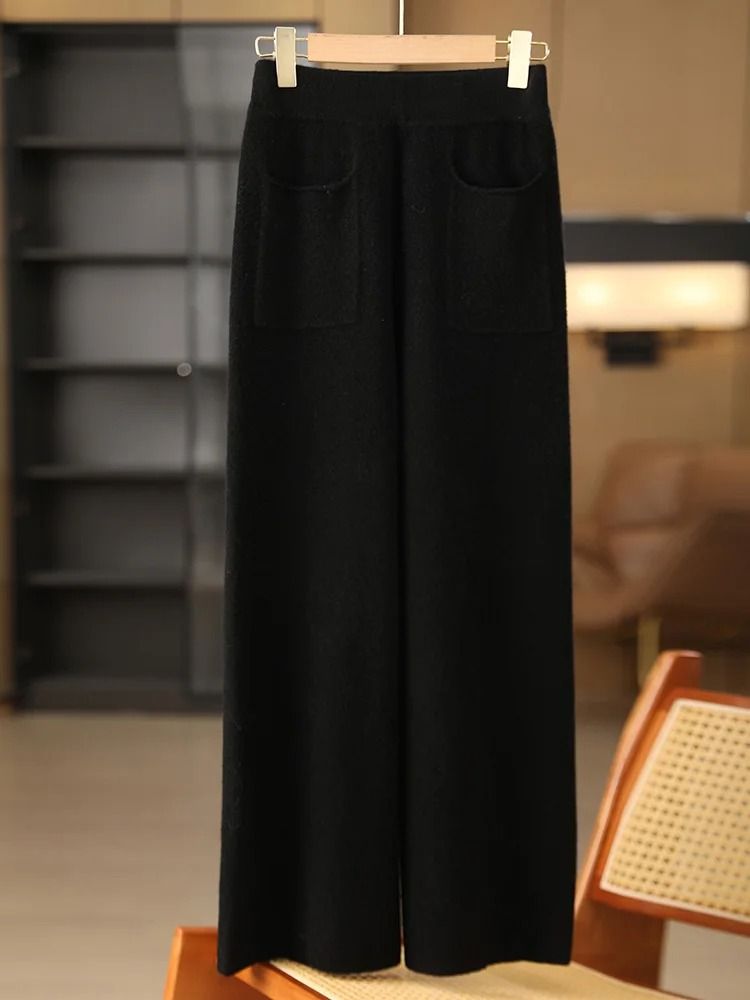 Women 100% Merino Wool Knitted Wide Leg Pants Autumn Winter Loose Soft Warm Bottoms with Pockets