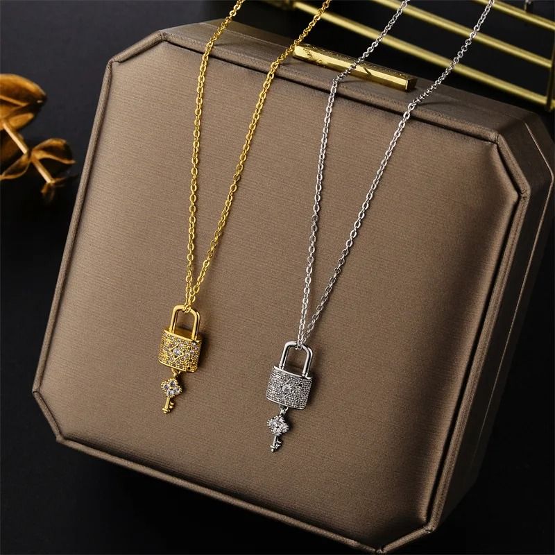 Zircon Crystal Lock and Key Pendant Necklace