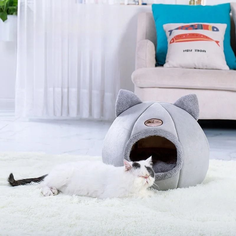 Warm Winter Cat Cave Bed with Removable Cushion