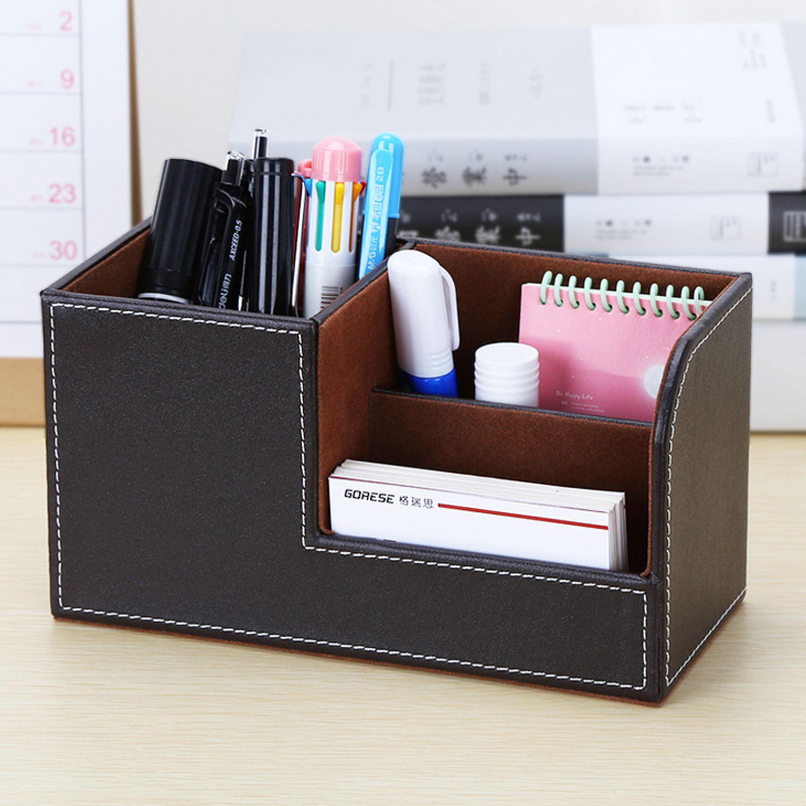 High Grade Leather Desk Organizer, Pencil Pen Holder Caddy, Storage Box for Home Office and school