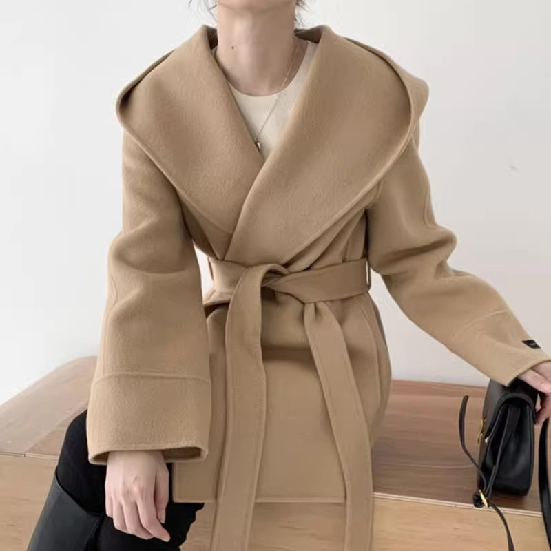 Elegant Solid Color Hooded Jacket Ladies, Lace Up Woolen Jacket Outerwear Vintage Style Woolen Coat Women Autumn Winter