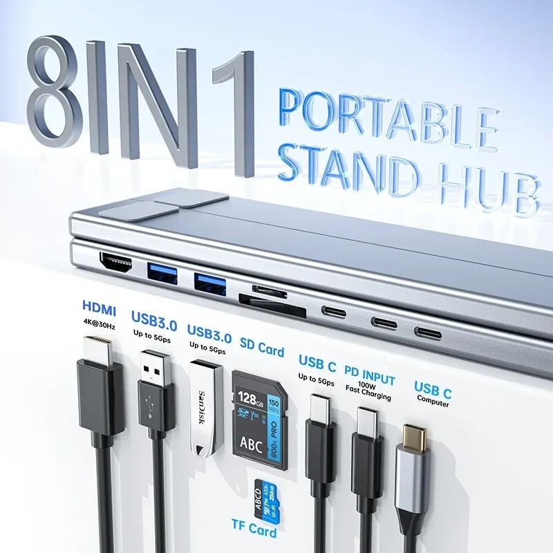 Universal Laptop Stand with Integrated USB-C Hub | HDMI 4K, SD/TF Reader & PD Charging