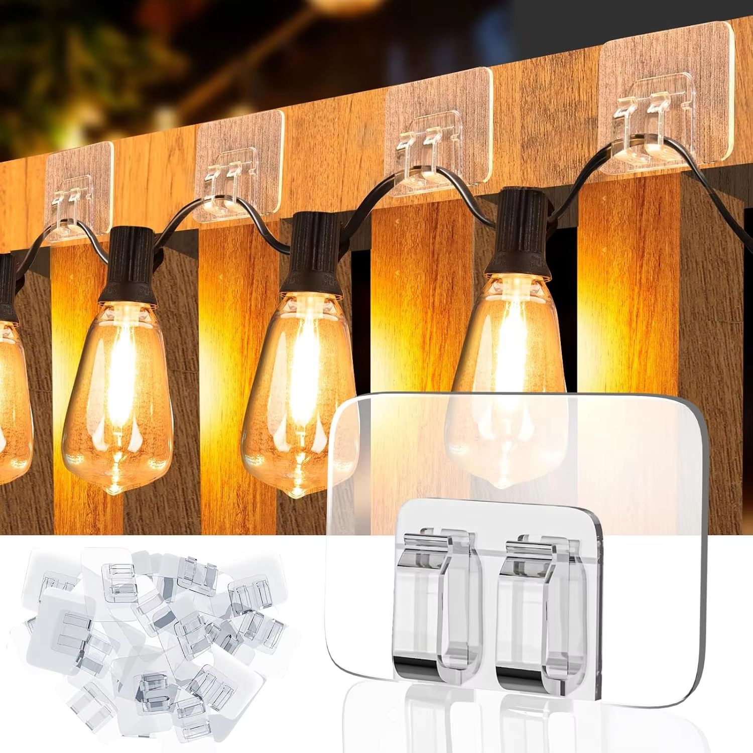 100-Piece Outdoor String Light Clips with Waterproof Adhesive for Christmas Light Hooks and Patio Lighting