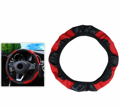 Red & Black Leather Car Steering Wheel Cover, Anti-slip Carbon Fiber, Universal Fit